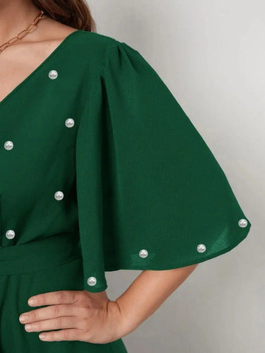 Vestido Fiesta Talla Grande Gasa Con Perlas Manga Vg 100