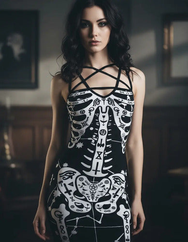 Vestido Negro Print Esqueleto  Vd 35 Negro M