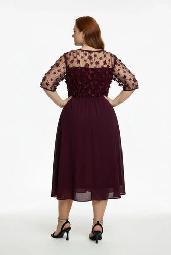 Vestido midi burdeo manga 3/4 cuello redondo talla grande