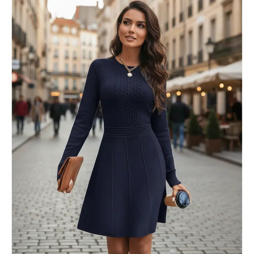 Vestido De Punto Cuello Redondo Jersey  Vt 02 Azul S