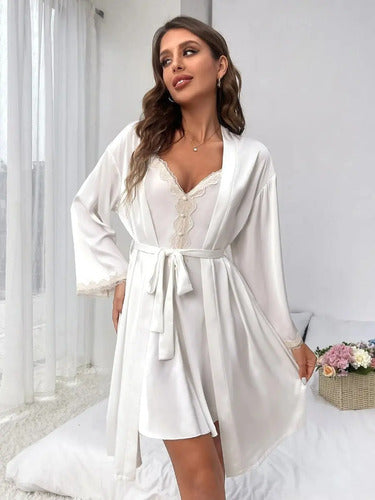 Camisón Y Bata Satín Lencería Set De Pijama Babydolls Pj 05