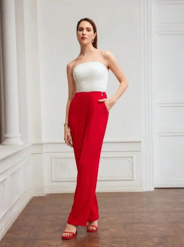 Pantalon Mujer  Elegante Bolsillos Pt 15 Rojo Xs
