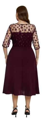 Vestido Fiesta Talla Grande Cuello Redondo Mangas