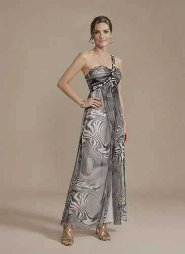 Vestido largo asimétrico de gasa gris para gala