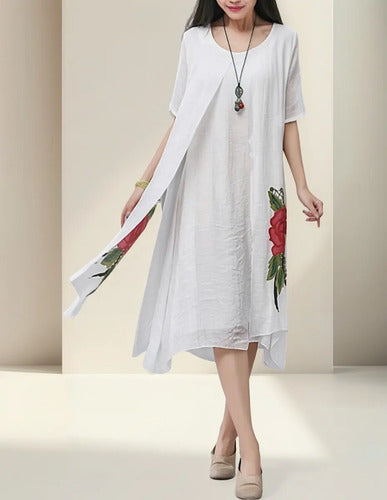 Vestido Blanco Flor Roja  Vd 50 Blanco L