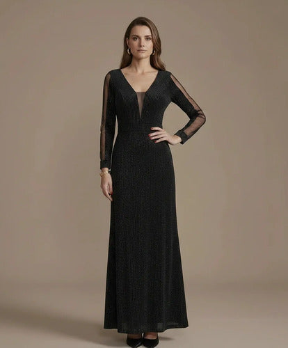 Vestido largo negro de fiesta con mangas largas