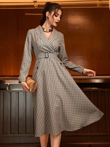 Vestido Manga Larga Campana Cuello Esmoquin Cinturón Va 565 Marrón Cuadritos L