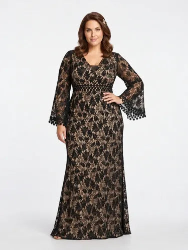 Vestido largo de fiesta negro de encaje talla grande