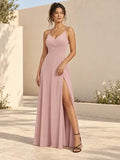 Vestido largo rosa y verde escote V con abertura