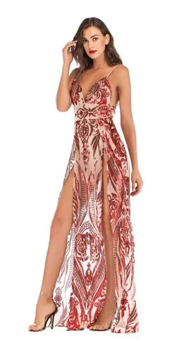 Vestido Sexy Transparencia Lentejuelas Body Vl 36 Rojo L