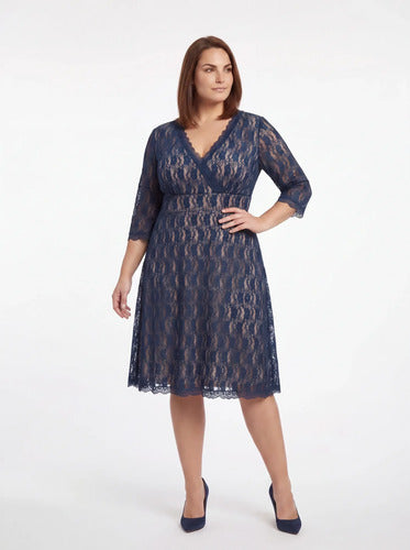 Vestido corto azul encaje talla grande, corte imperio