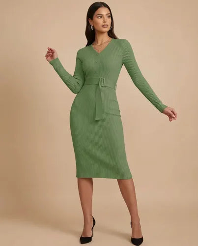 Vestido midi verde punto jersey manga larga