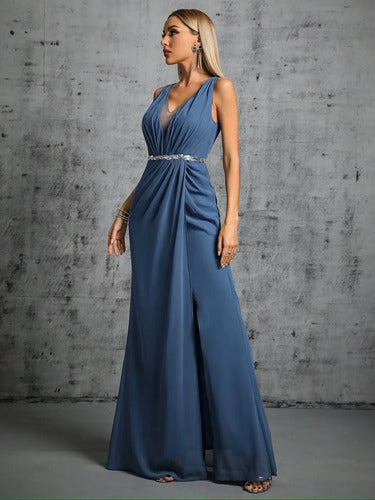 Vestido Largo Mujer Fiesta Escote V Abertura Alta Ep 237 Azul L