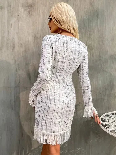 Vestido Tweed Ajustado Cóctel Ribete Con Fleco Va 510