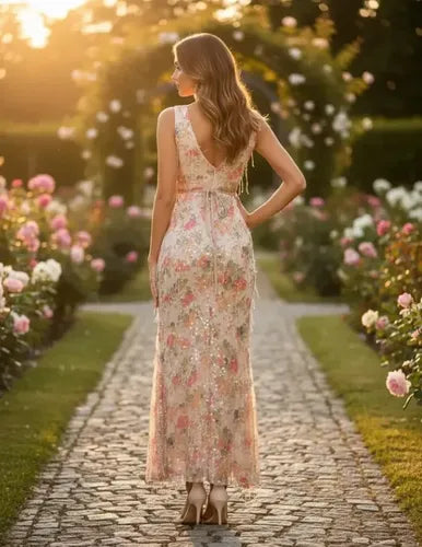 Vestido Fiesta Graduación Beige Rosa Lentejuelas Va 384