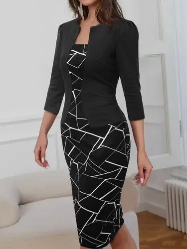 Vestido Formal Azul Coctel Oficina Manga 3/4 Va 421