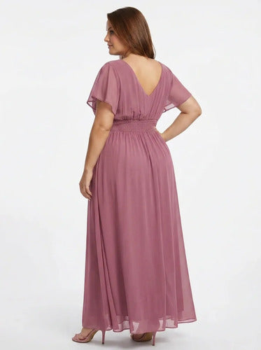 Vestido largo de fiesta evasé en gasa con manga corta