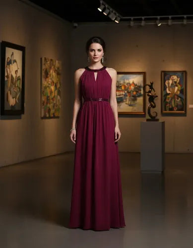 Vestido largo bordó halter de gala en gasa