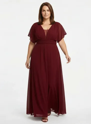 Vestido largo de fiesta evasé en gasa con manga corta