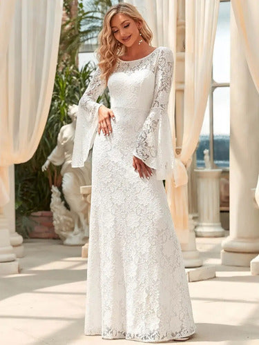 Vestido Novia Encaje Manga Con Volante Espalda Abierta Ne 24