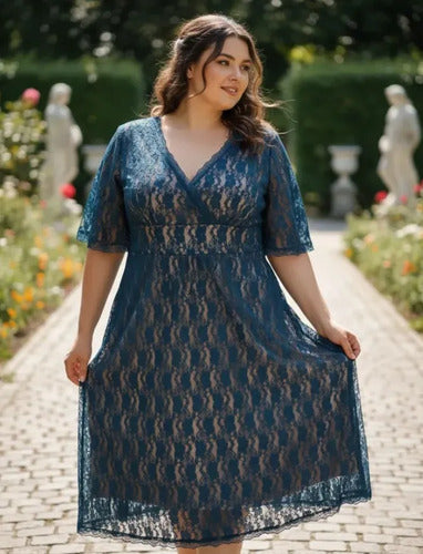 Vestido De Encaje Talla Grande Modelo Azulino 3xl