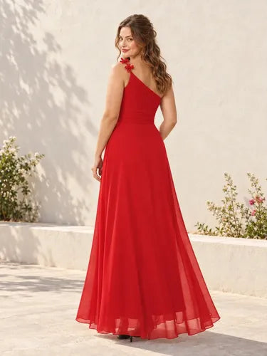 Vestido largo de fiesta gasa rojo asimétrico