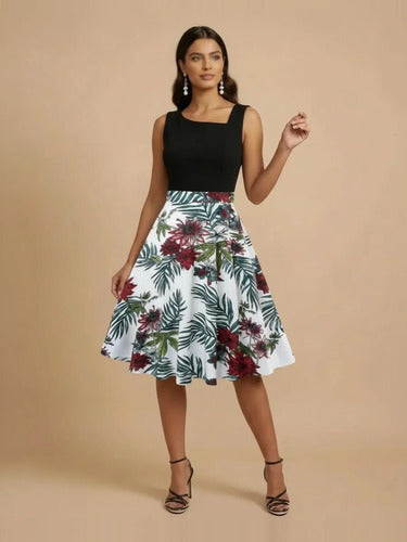 Vestido midi floral negro y verde acampanado grande