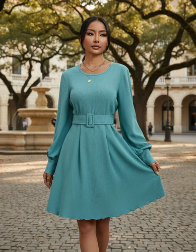 Vestido Con Cinturón Manga Larga Vintage Va 519 Turquesa M