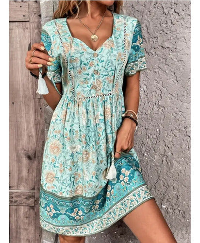 Vestido Corto Verde Estilo Bohemia Multicolor L