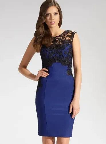 Vestido Azul Encaje Negro Formal Ajustado Va 552 Azul L