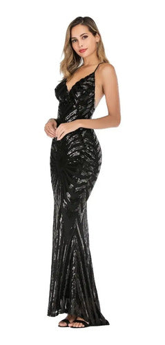 Vestido Fiesta Largo Negro Dorado Lentejuelas  Vl 27
