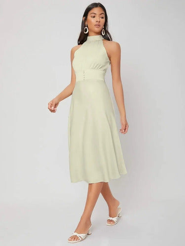 Elegante Vestido Cuello Halter Va 489 Beige S