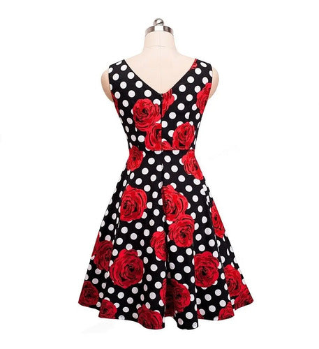 Vestido Vintage Pin Up Negro Flores Rojas Años 50  Va 419