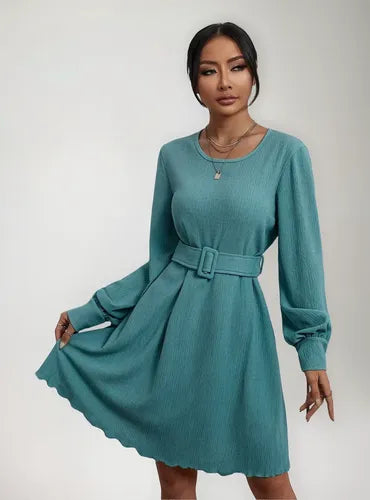 Vestido Con Cinturón Manga Larga Vintage Va 519 Turquesa M