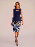 Vestido corto azul con peplum, sin mangas, oficina