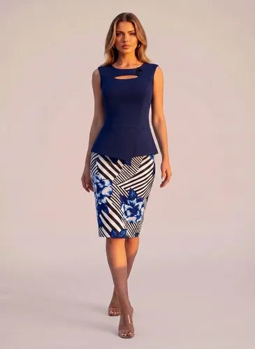 Vestido corto azul con peplum, sin mangas, oficina