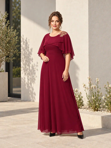 Vestido largo evasé bordó cuello cubierto, talla grande