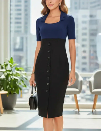 Vestido Formal Oficina Coctel Negro Con Azul Va 342 Negro Xl