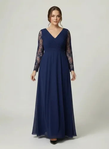 Vestido largo de fiesta evasé en gasa con manga larga