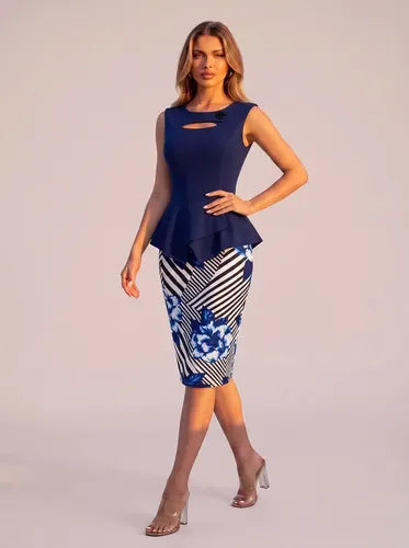 Vestido corto azul con peplum, sin mangas, oficina