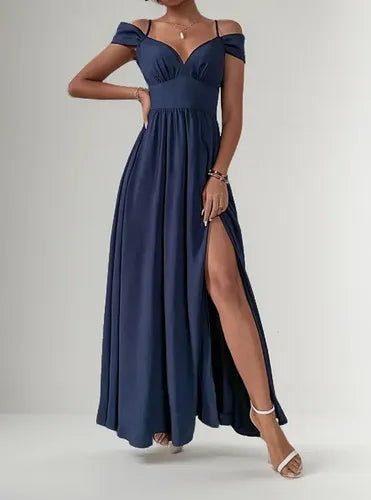 Vestido Fiesta Largo Azul Escotado Gasa