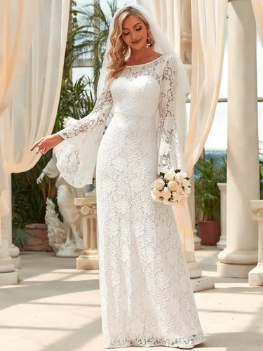 Vestido Novia Encaje Manga Con Volante Espalda Abierta Ne 24