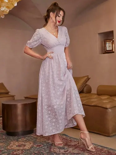 Vestido Largo Escote V Romántico  Va 571 Rosa S