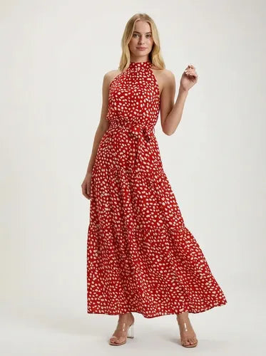 Vestido largo rojo floral halter con cinturón