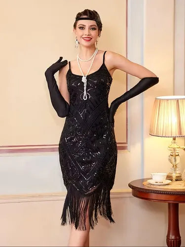 Vestido midi charlestón años 20 cuello redondo