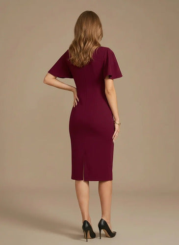 Vestido midi rojo gasa ajustado manga corta de gala
