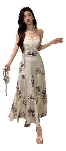 Vestido Mujer Elegante Gasa Forrado  Va 623 Blanco S