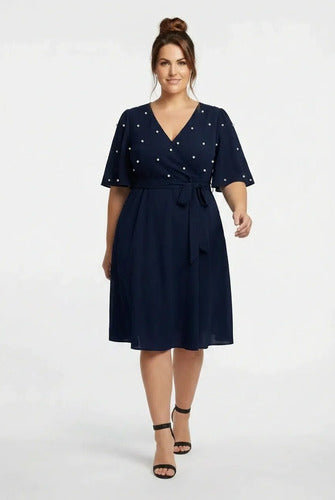 Vestido corto multicolor gasa con perlas evasé talla grande