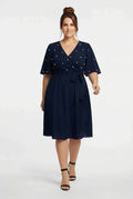 Vestido corto multicolor gasa con perlas evasé talla grande
