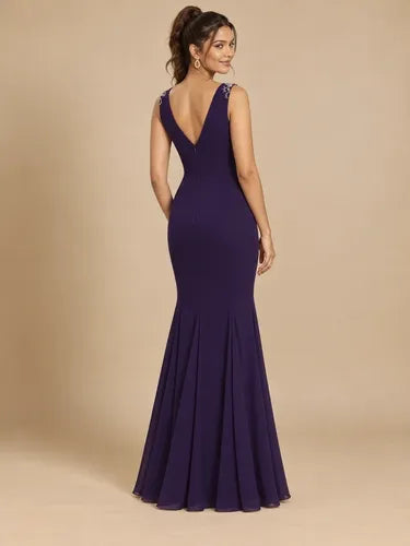 Vestido largo de fiesta gasa violeta escote V